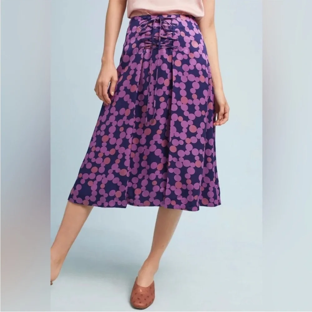 Anthropologie Maeve Zadie Lace Up Midi Skirt Purple Polka Dot Sz 8 - Picture 5 of 11